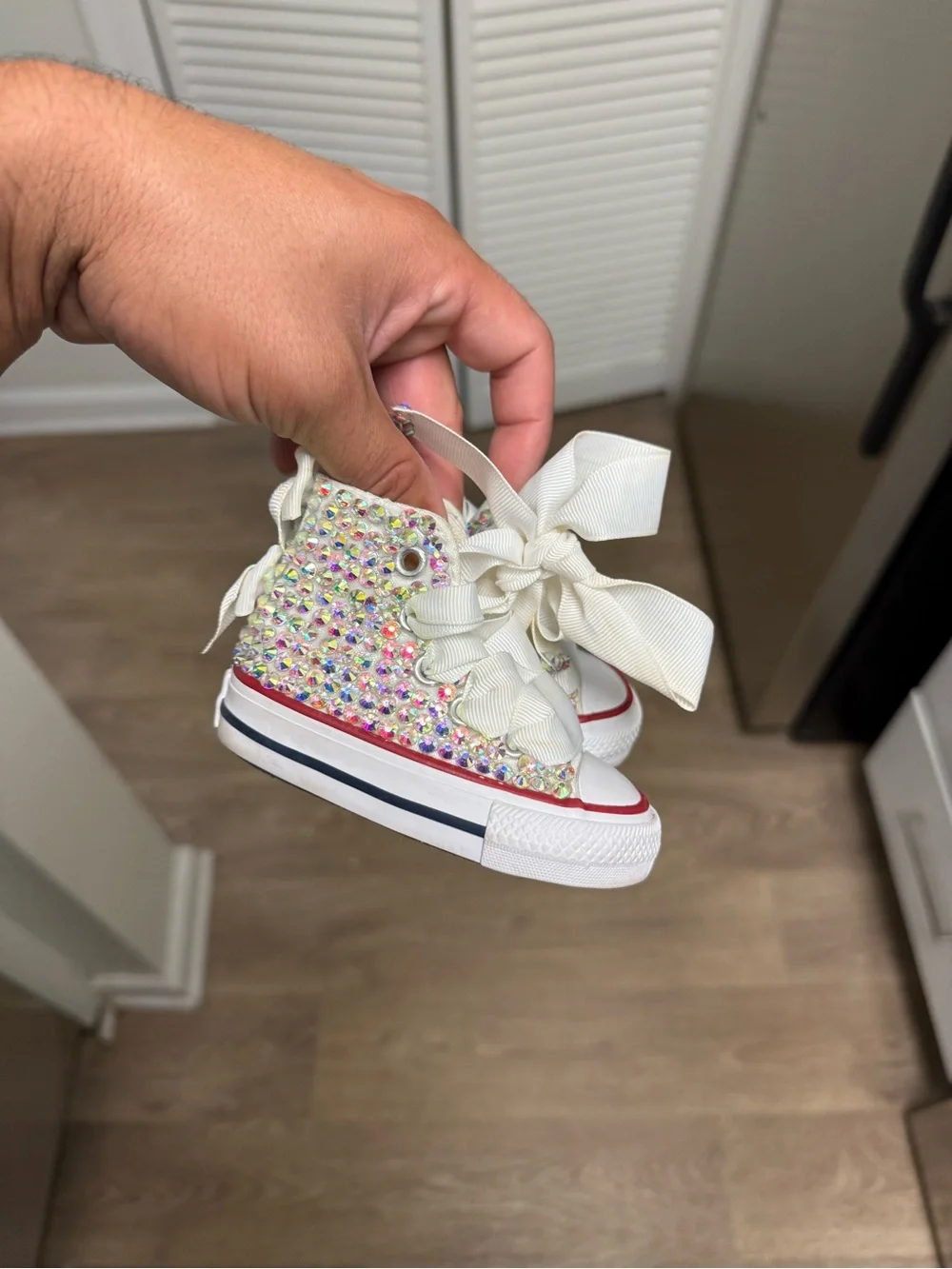 Converse Chuck Taylor High White Customized Ribbon Lace Preschool Size 2Y Used